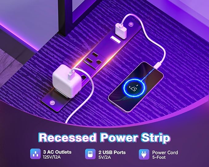 AODK L Shaped Desk Gaming Desk with LED Light & Power Outlet | 59 Inch Black Reversible L Shaped Computer Table with 4 Drawers for Home Office