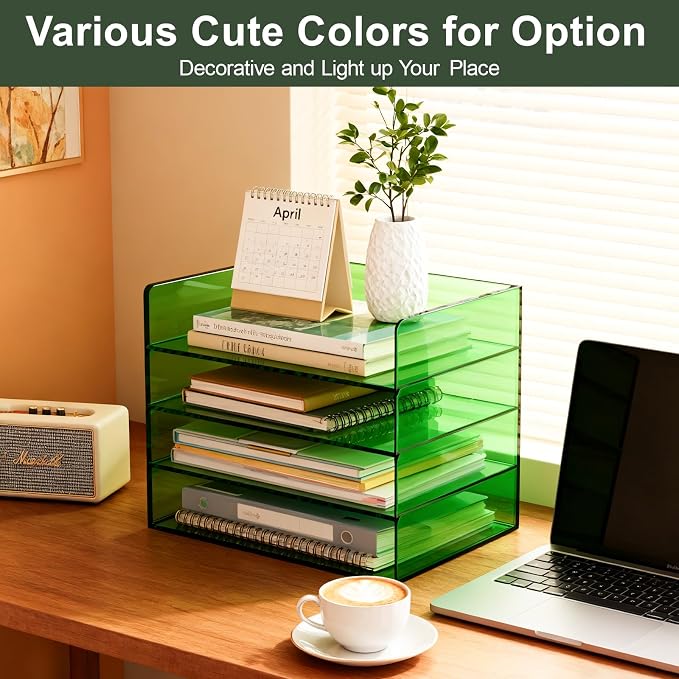 Gelite Acrylic File Organizer for Desk 4 Tiered Stackable Letter Tray Office Paper Storage Desktop Document Sorter, Emerald Green
