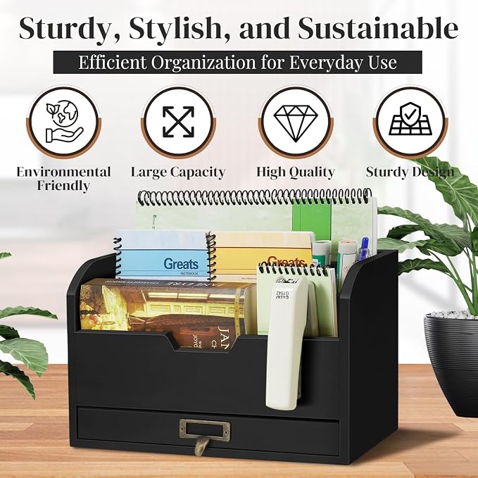 Flexzion Wood Desk Organizer, 3-Tier Mail Organizer w/Drawer, Light Brown | Countertop Bill and File Organizer with 3 Compartments, a Drawer, and 12-Inch Inner Width for A5 Paper and Us Letter Folders