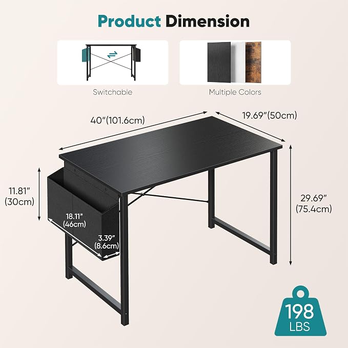 OLIXIS Small Computer Desk, 40 Inch Gaming Desks for Home Office | Writing Study Craft Work Table, Computer Workstation for Bedroom Small Spaces with Storage Bag, Black