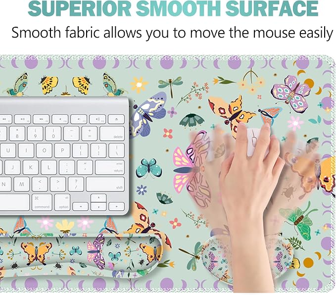 Desk Mat Set, Aquamarine Extended Gaming Mouse Pad with Wrist Rest Support +Keyboard Wrist Rest +Coaster, Large Cute Butterfly Mousepad for Office, Home