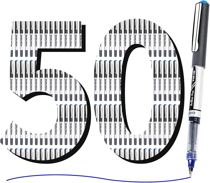 EYEYE Blue Rollerball Pens Pack of 50, 0.7mm Fine Point Roller Ball Pen | Back to School Essential, Quick Drying, Liquid Ink Pens Fine Point Smooth Writing Pen for Journaling, Office Supplies