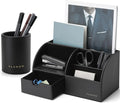 VLANDO Office Desk Organizer Leather Desktop Organizer Caddy with Drawer for Storing Desktop Supplies and Accessories (Black Set) | Black leather desk organizer set combines divided desktop storage and a pull-out drawer for office supplies and accessories