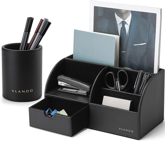 VLANDO Office Desk Organizer Leather Desktop Organizer Caddy with Drawer for Storing Desktop Supplies and Accessories (Black Set) | Black leather desk organizer set combines divided desktop storage and a pull-out drawer for office supplies and accessories