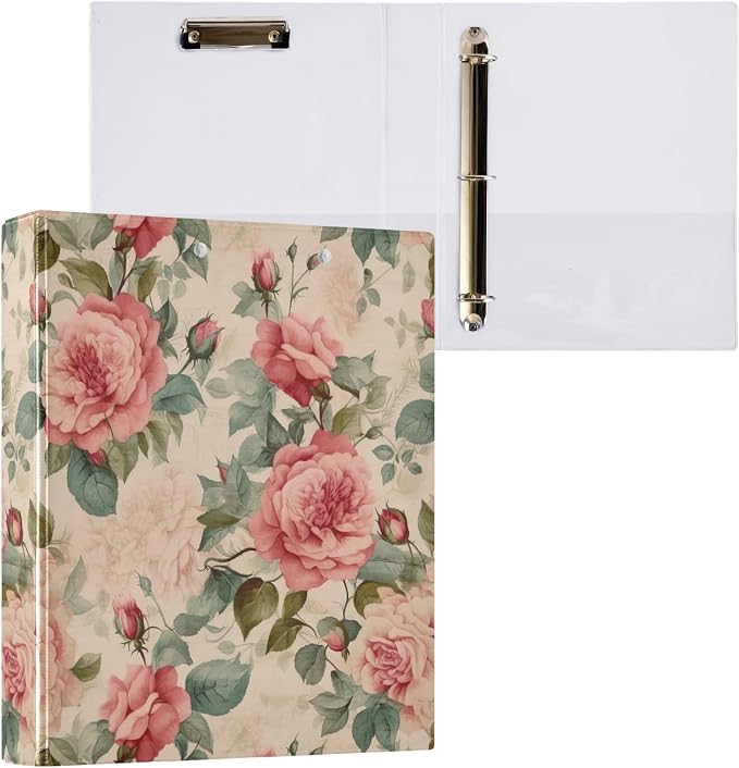 Vintage Pink Roses and Green Leaves 1.5 Inch Binder 3 Ring Decorative Cute Three Ring Binder with Anti-Slip Metal Clip Basic Binder Notebook for School Supplies, 1 Pack