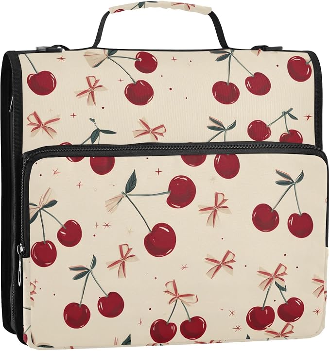 Retro Bow Cherry 3 Ring Binder Bag 1.5 inch Binder Organizer with Zipper Shoulder Strap 500 Sheet Documents Storage for School Office