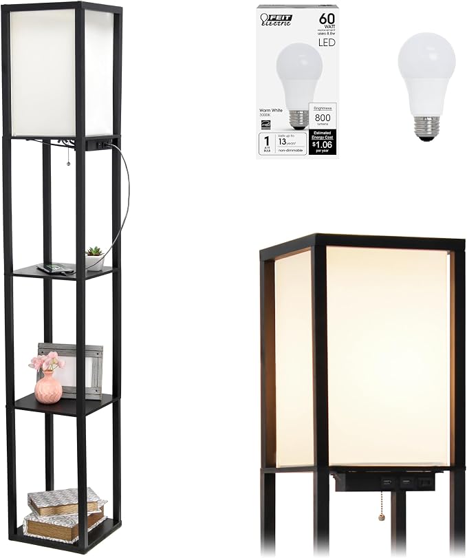Simple Designs LF1037-BLK-LB Three Shelf Etagere Organizer Storage Floor Lamp with 2 Dual USB Ports and Charging Outlet, Black, with Feit LED Bulb Included