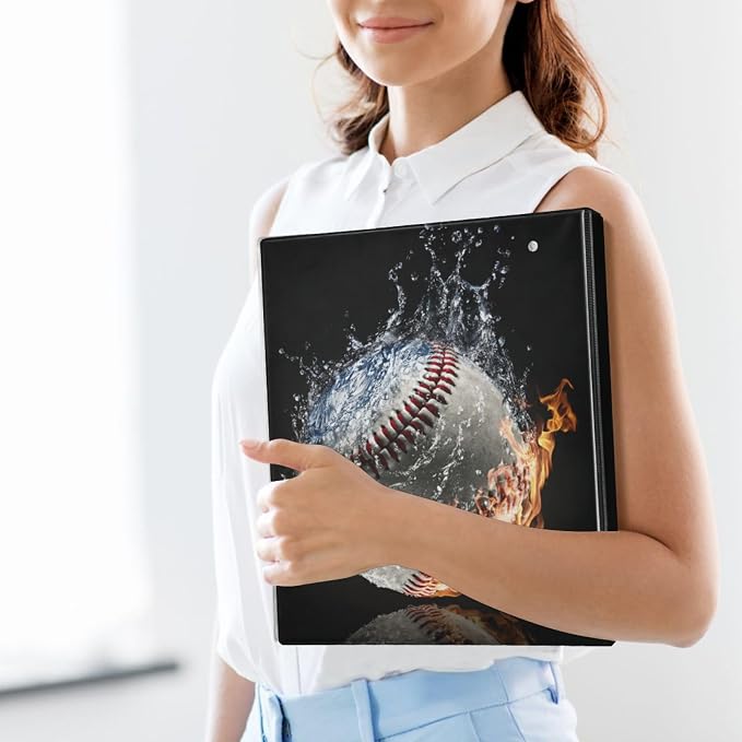 Fire&Water Baseball Sport Theme Binder 3 Ring 1.5 Inch Binder with Clipboard&Pockets, Hardcover Binders Heavy Duty Large File Folder for Office School Supplies - Holds 200 Sheets