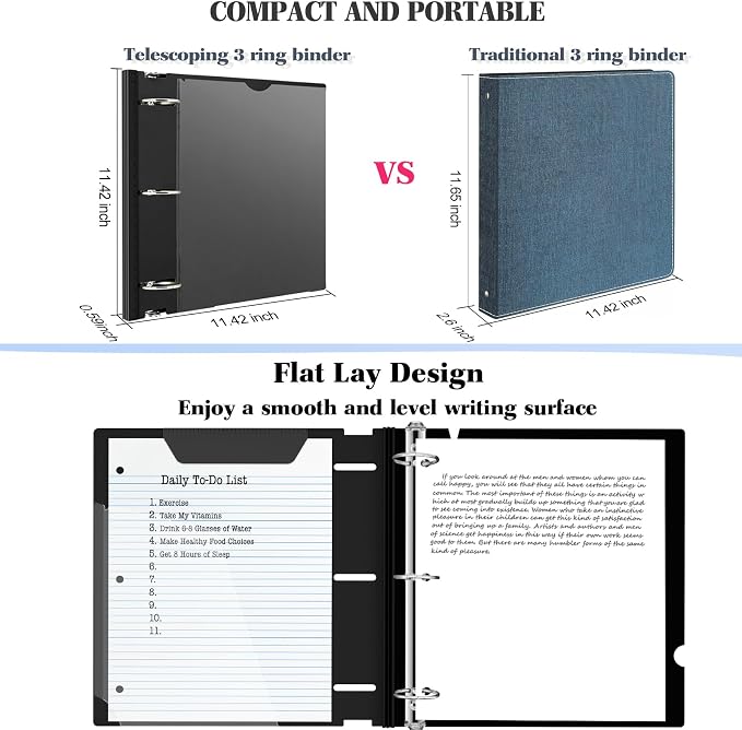 INFUN 1.5 Inch Telescoping 3 Ring Binder - 6PCS, Flexible Round Binder with Customizable Front Cover and Clear Catalog Pocket, 1.5Inch Rings, Black–Perfect for School, Office & Home