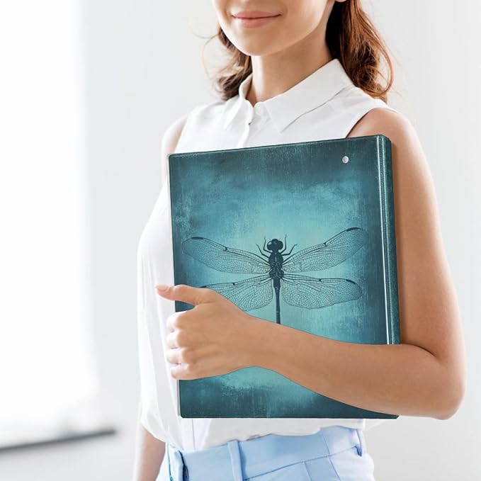 Retro Teal Blue Dragonfly Binder 1.5 Inch Binder with Clipboard&Pockets, Vintage Hardcover Binders 3 Ring, Heavy Duty Large File Folder for Office School Supplies - Holds 200 Sheets, 2 Pack