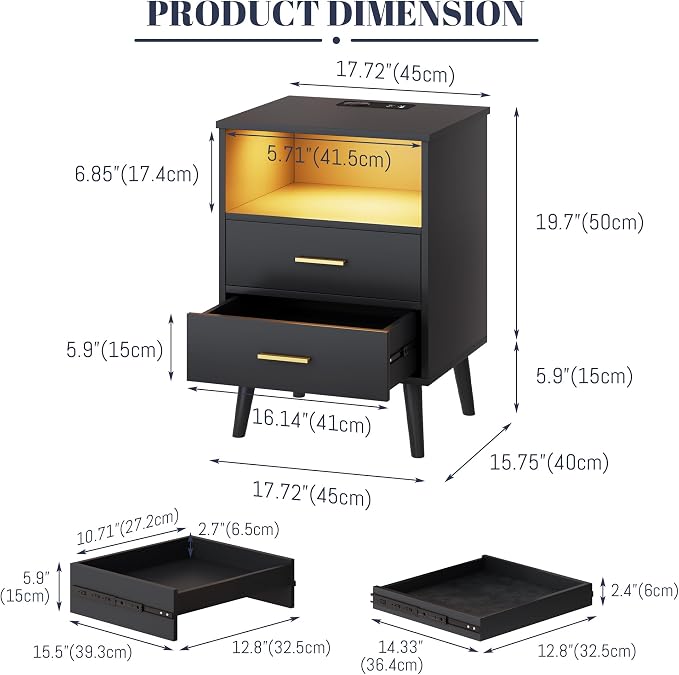 Black Bedroom Nightstand with Charging Station and LED Lights, Modern Bedside Table with Hidded Drawer, Smart Night Stand with Open Storage Shelf, USB Port, Metal Legs