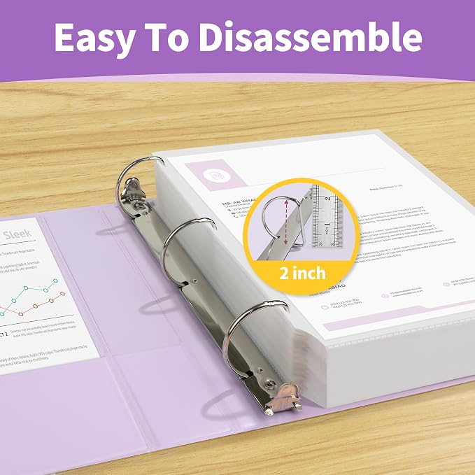 SUNEE 3 Ring Binder 2 Inch, Clear View Binder Three Ring PVC-Free (Fit 8.5x11 Inches) for School or Office Supplies, Light Purple, 1 Pack