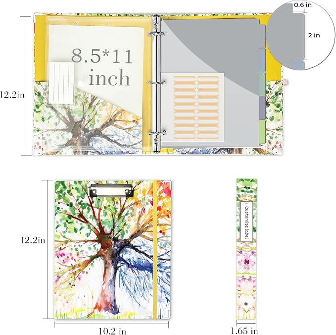 3 Ring 1 Inch Binder Organizer, KLLVE Three Ring Binders with Clipboard, 5-Tabs Pockets Dividers, Plastic Folder, 18 Divider Stikers,Pen Loop (Green Tree, Letter Size)
