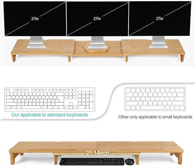 Nnewvante Monitor Stand Riser 60 inch Bamboo Dual Monitor Stand for Desk | Adjustable Length Angle, 3 Shelves Desktop Screen Riser, For Computer Laptop PC