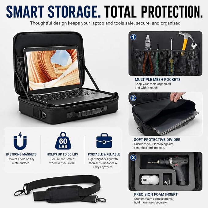 Magnetic Portable Laptop Stand for Technicians, 18-Magnet Hands-Free Workstation, Rated to 60 lbs Magnetic Toolbox, Heavy-Duty Laptop Stand & Tool Organizer, Attach to Trucks, HVAC, Walls, Engineers