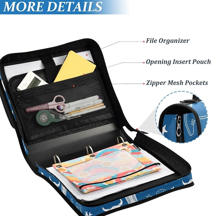 Western Cowboy Blue Pattern 3 Ring Zipper Binder with Shoulder Strap & Handle 1.5 Inch D-Ring Zippered Bag with Pencil Pouch,Expanding File Folder, Binder Organizer for School or Office