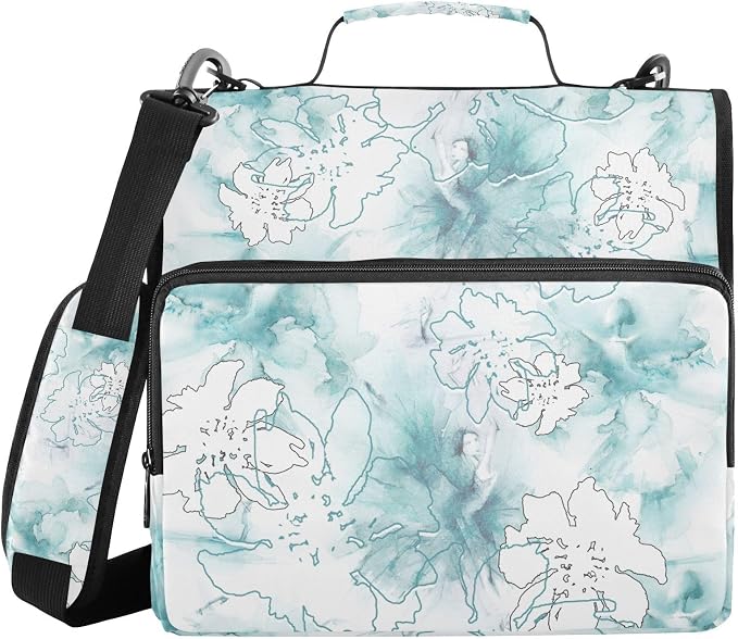 Watercolor Blue Paint Flower Zipper Binder with Shoulder Strap Bag 3 Ring Binder Organizer Large Capacity Multiple Compartments for School Office