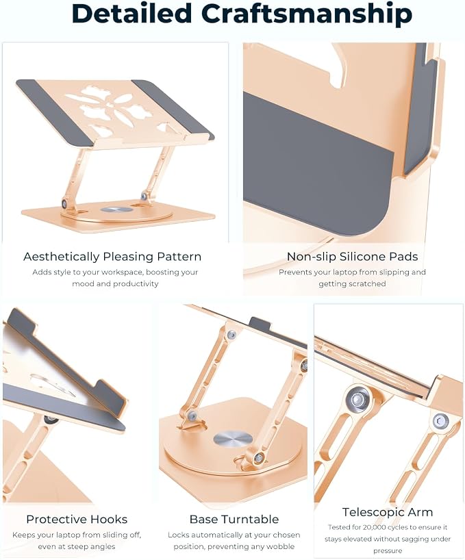 Aoviho 360° Rotating Laptop Stand for Desk | Adjustable, Foldable, Portable Aluminum Ergonomic Riser | Compatible with MacBook, Dell, HP & All Laptops 10-16 inch | Gold