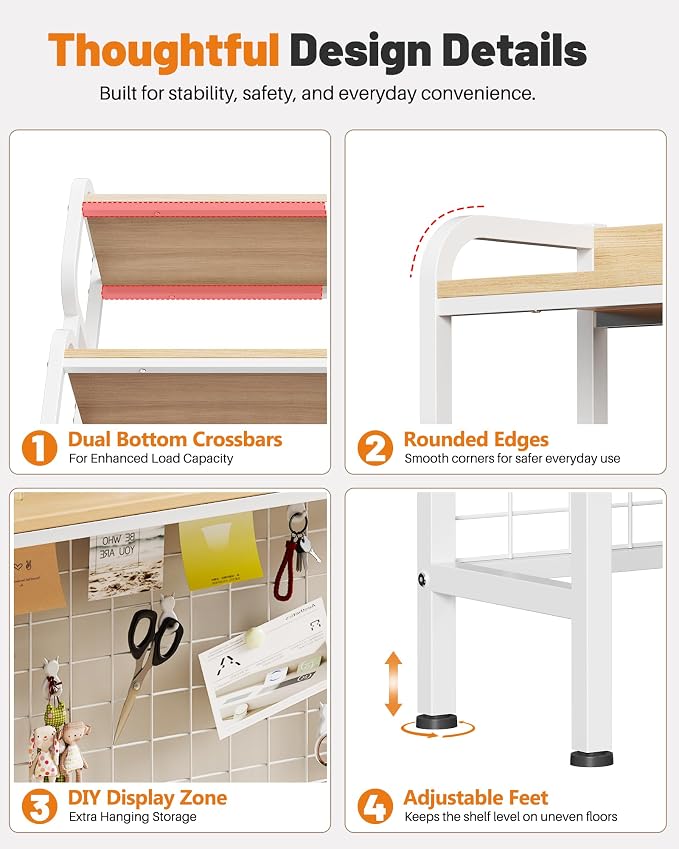BYMECOST 38.6" Desktop Hutch Bookshelf,2-Tier Desk Shelf with Pegboard | Heavy-Duty Desktop Bookcase With Grid Panel and Hook, Desk Hutch for Computer in Offices or Dorms