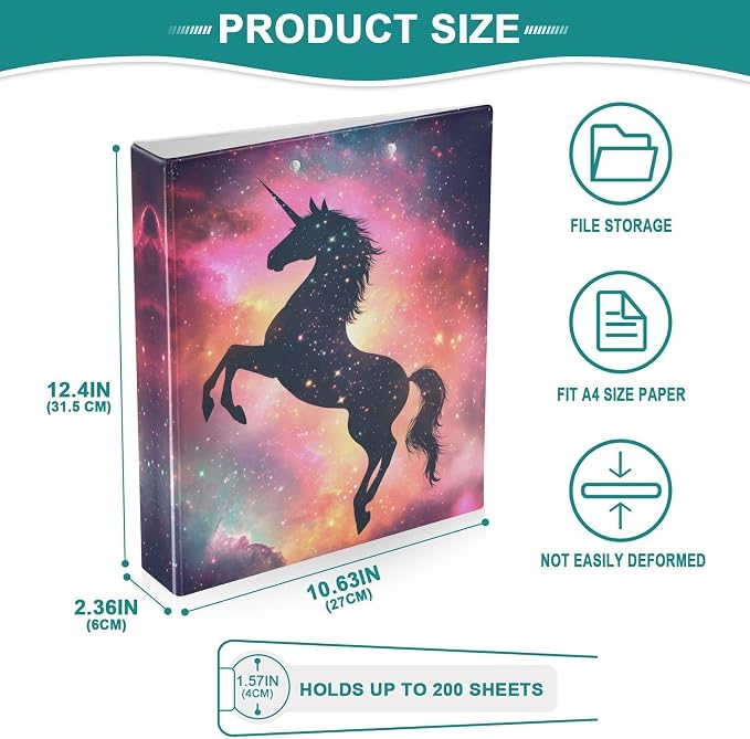 3 Ring Binder Unicorn Galaxy Sky 1.5" Round Ring Binders View Binder with 200 Sheet for Kids School Supplies Women Men Office, 1 Pack