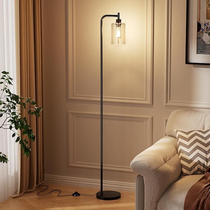 Ziisee Floor Lamps for Living Room - Standing Lamp with Grey Glass Shade, Modern Floor Lamp with LED Bulbs, Industrial Floor Lamp for Bedroom, Black Tall Lamp for Office(Light Bulb Included)