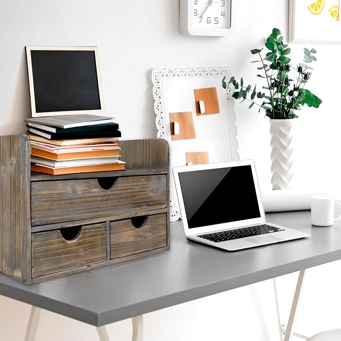 Besti Wooden Office Desk Organizer - Organizing Tool for Desktop, Cubicle, Bedroom, Kitchen - Vintage Style Organization Caddy with Top Tray Shelf & 3 Drawers - 13.6x9x7 Inches (Rustic)
