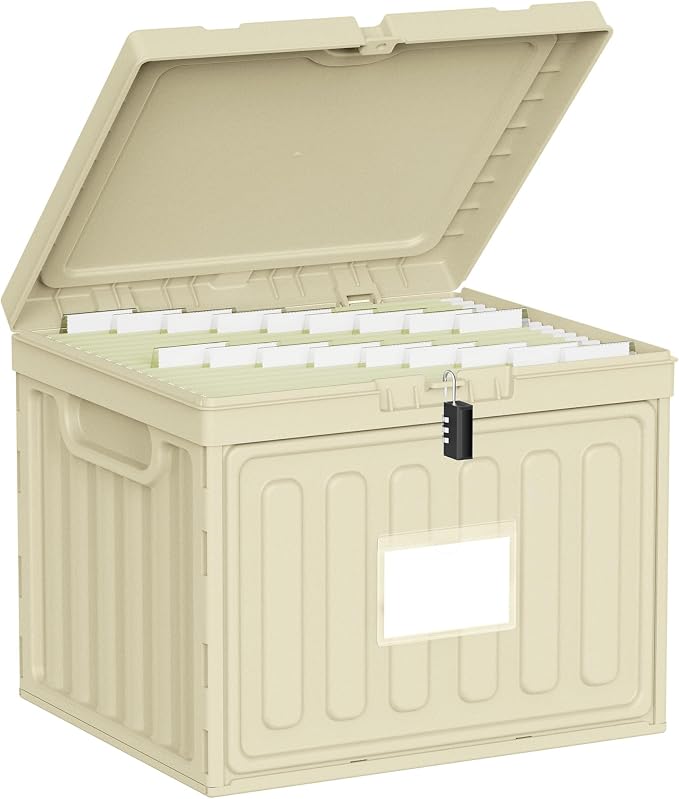 Oterri Lockable Stackable Plastic File Box with Lid for Letter-Size | Hanging File Folders Not Included. Lhaki, Large 1-Pack. Home, Office, Classroom, Dorm, Tax, Under Bed, Filing Cabinet.