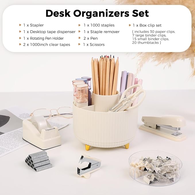 SKYDUE Desk Organizer Set with 360° Rotating Pen Holder | Includes Stapler, Scissors, Tape Dispenser, Clips, Pins & Accessories, For Home Office, School, Teacher