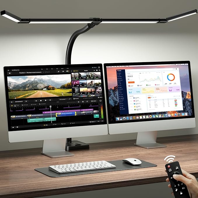 ONEMIX LED Desk Lamp with Base, 42-Inch 4-Panel Light for Dual Monitors | 1800 Lumens, 4 Adjustable Panels, 5 Color Temps, 5 Brightness Levels, Remote, Timer, Flicker-Free for Home Office