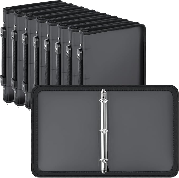 Teling 8 Pcs 1 Inch Zipper Binder 3 Ring Organizer, Black | Secure Zipper Closure, Refillable 3 Ring Design, Handle Carry, Fits Letter Size Papers for School, Office and Projects