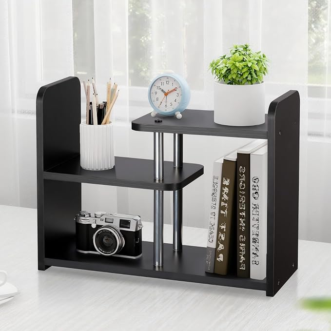 Desktop Organizer,Office Storage Rack,Wood Small Bookshelf,Black | Display Shelf,Office Shelf,Desk Organizer Small Tabletop Hutch for Office,Dorm,Living Room,Counter Top