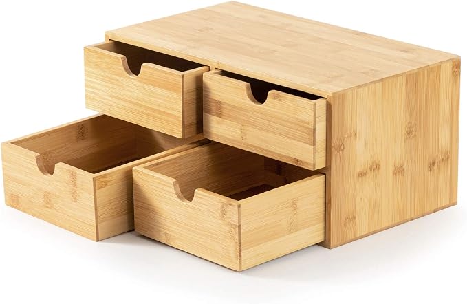 Bamboo Desk Drawer Organizer, Desktop Organizer with Drawers T(4 Drawes) | 4 Drawers Open Top Tray Fully Assembled Stores Pens, Notes, Makeup, Jewelry & Toiletries for Office, Vanity & Bath