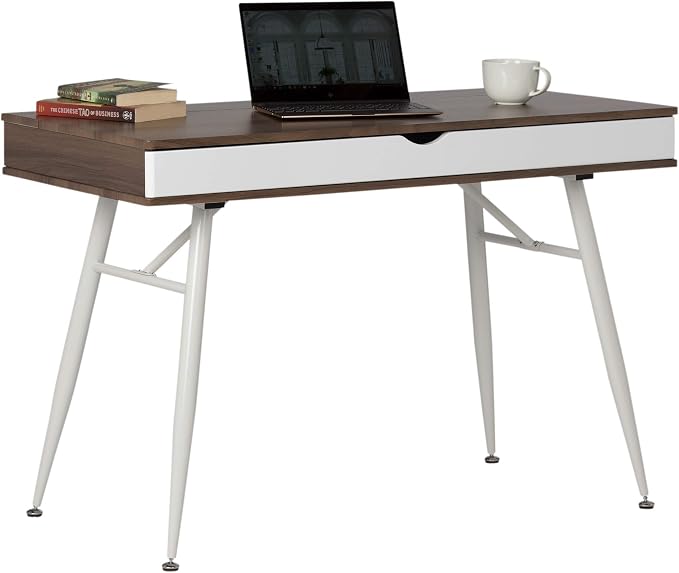 Calico Designs Alcove Modern Desk with Large Split Drawer Storage, White/Chestnut