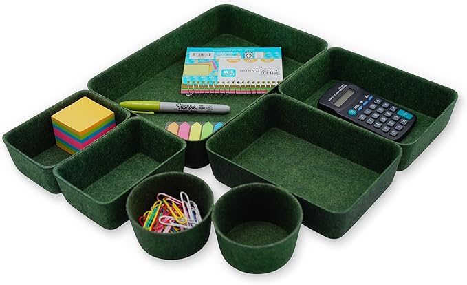Felt Desk Drawer Organizer Tray 7pc Storage Bin Minimal Forest Green