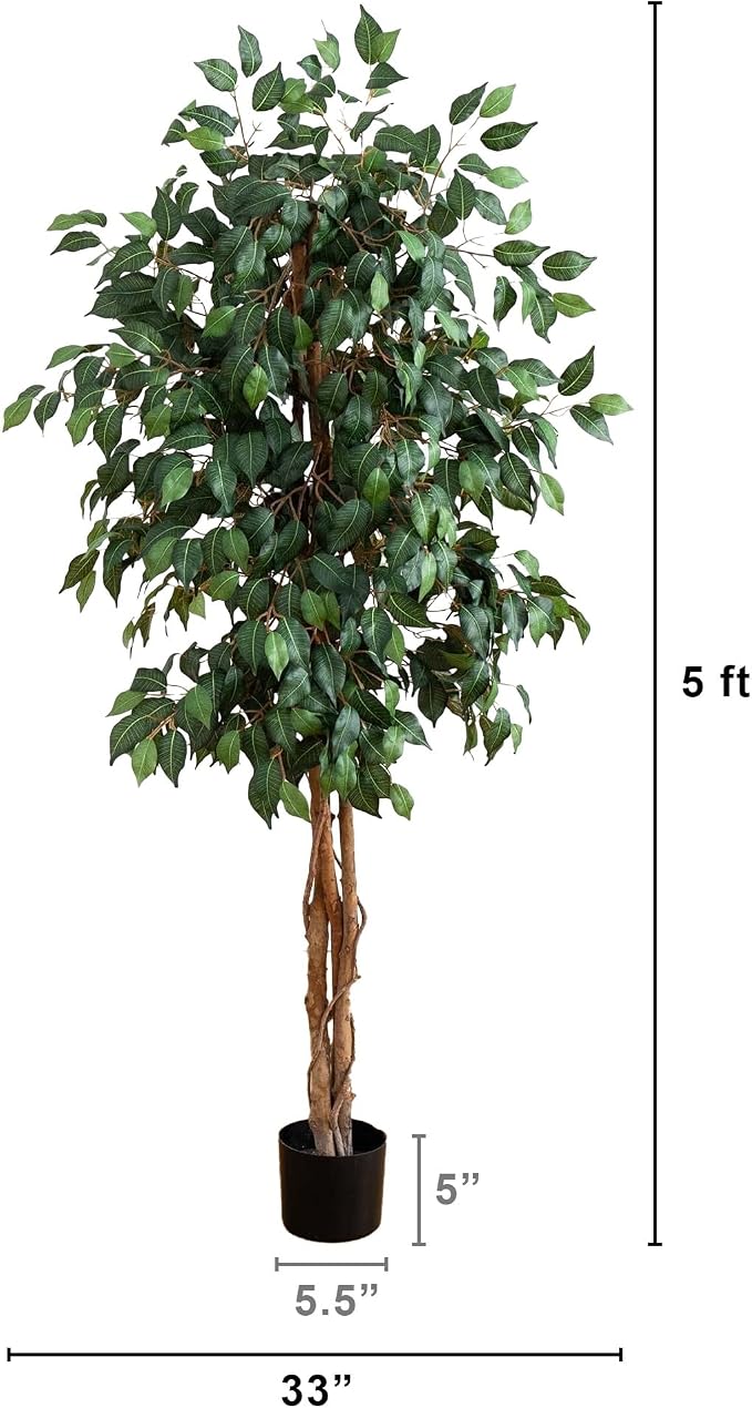 Nearly Natural 5ft Artificial Ficus Tree, Triple Trunk Faux Greenery with Natural Wood Trunks for Indoor Home Decor, with Black Nursery Pot