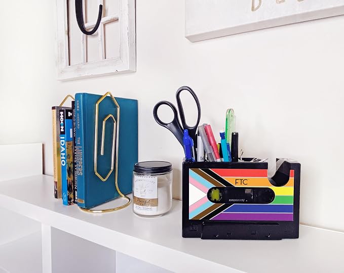 FTC Cassette Tape Dispenser, Retro Desk Organizer & Pen Holder – Fun Novelty Office Supplies for Home or Office 6.7” x 2” x 4.5” (Progress Pride Flag)