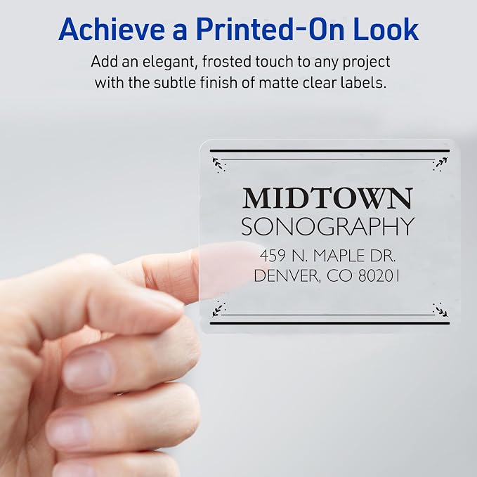 Avery Printable Shipping Labels with Sure Feed, 2" x 4" Customizable Stickers, Matte Clear, 1,250 Blank Mailing Labels Total, Great for Mailing, Shipping, and More (5-Pack of 8663)