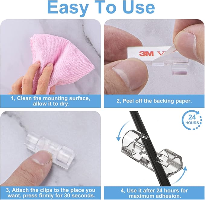 Cable Clips Clear (60PCS, M), Upgraded Adhesive Wire Holders for Wall, Strong Cord Organizer Under Desk, Car, PC, Christmas Light Clips Outdoor