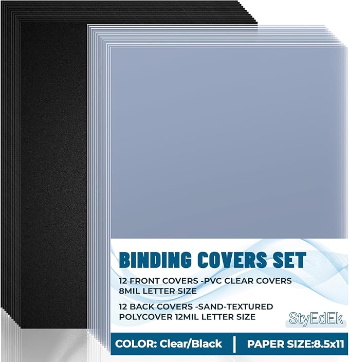 24PCS Binding Covers and Backs Set, 8.5 x11 Inch Clear Book Cover | 12Pcs 8mil Clear PVC Binding Cover, 12Pcs 12mil Black Poly Cover, Letter Size, Un-Punched, Square Corners, for Home Office