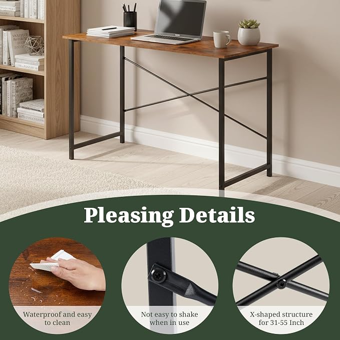 40 Inch Computer Desk, Writing Desk for Home Office Bedroom Study Room | 265 lb Capacity, Reinforced X-Frame, Waterproof MDF Top, Scratch-Resistant Surface, Easy Assembly, Brown