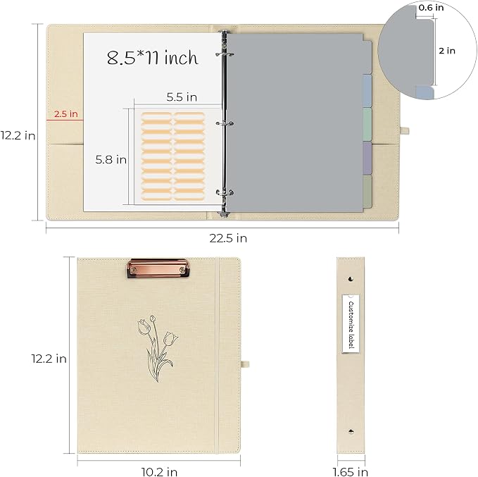 EYROZILL 3 Ring Binder, 1 Inch Linen Binder Organizer for Letter Size (8.5" x 11") with 5 Tab Dividers, File Folder Labels and Low Profile Clipboards, School and Office Supplies- Tulip White