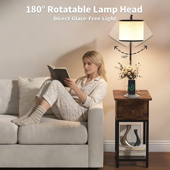 runjuly Floor Lamp with Table, Narrow Side Table with Charging Station | Wood Drawer, Built in Type-C and USB Port, Light Attached Nightstand, End Table for Living Room / Bedroom, Rustic Brown