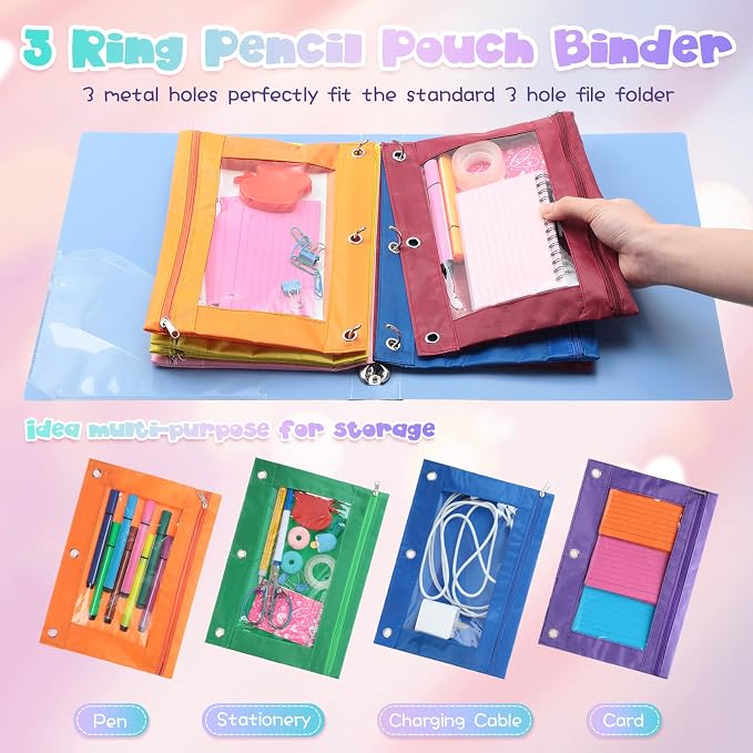 Leinuosen 64 Pack Pencil Pouch Bulk for 3 Ring Binder, Pencil Case with Zipper and Clear Window 8 Assorted Color Storage Bag for Office, Back to School Classroom Supplies