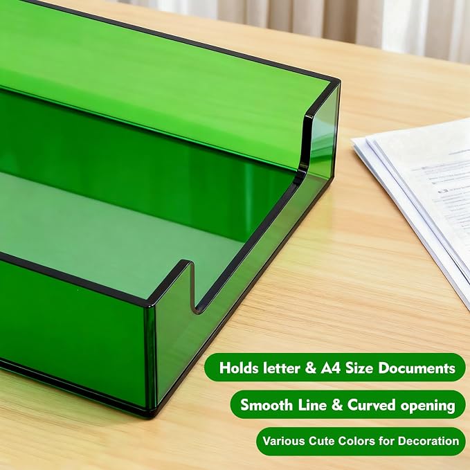 Paper Tray Acrylic File Organizer for Desk Letter Tray Desk Organizer Document Holder Sorter Storage for A4 Office Supplies Magazines, 13.8x10.6x2.4 Inches, Emerald Green