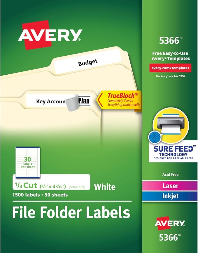 Avery TrueBlock File Folder Labels, 2/3" x 3-7/16", 1,500 Printable Labels, White, Permanent (5366)