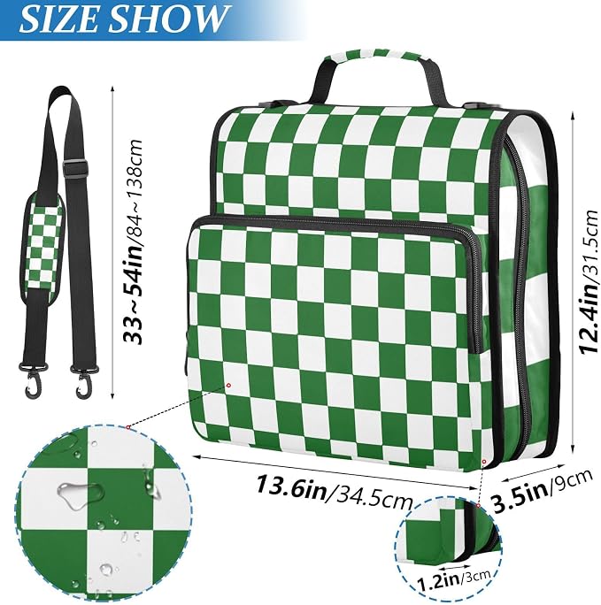 Dark Green White Checkered 3 Ring Zipper Binder with Handle 1.5 inch Binder Organizer, Multi Pockets Office File Folder with Shoulder Strap 500 Sheet Capacity
