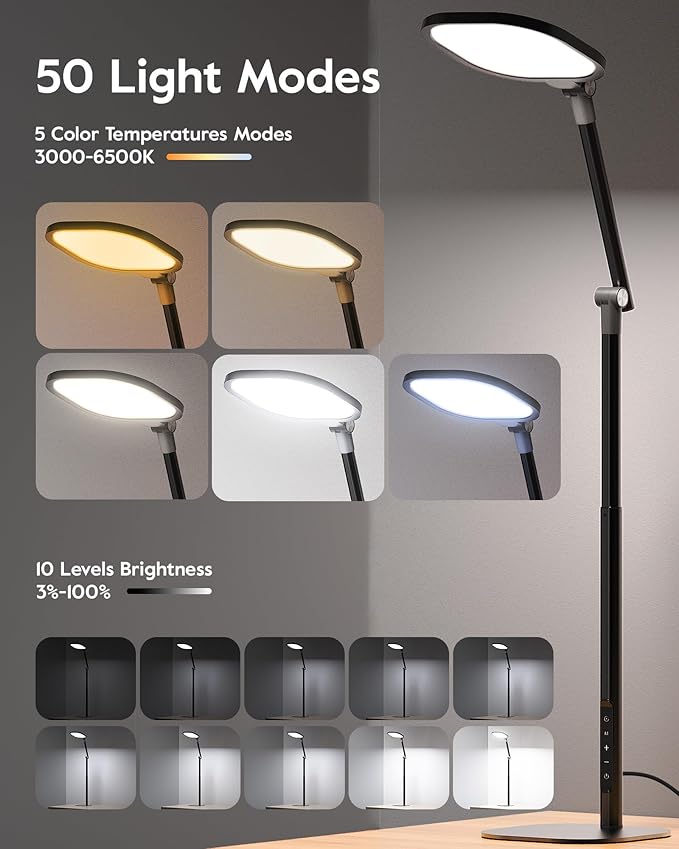 Tall LED Desk Lamps with Base, Edge-Lit Eye-Care, 50 Light Modes | 40" Height, Dimmable & Flexible, CRI>97.8, Memory and Timer Func, Stable Metal Base for Home Office, Video Calls & Drafting