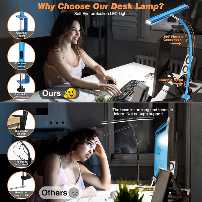 Airlonv LED Desk Lamp with Clamp, 17" Stepless Dimming Light, Blue | 2700K-6500K, 100 LEDs, 360° Gooseneck, Fits Up to 30" Monitors, Flicker-Free Lighting for Home Office, Study& Workbench