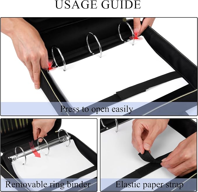 Zipper Binder | 3 Inch O-Ring, 600 Sheet Capacity Trapper Keeper with Shoulder Strap & Handle, Binder Bag with Multiple Storage Pockets, Fits 13" Laptop (Black)