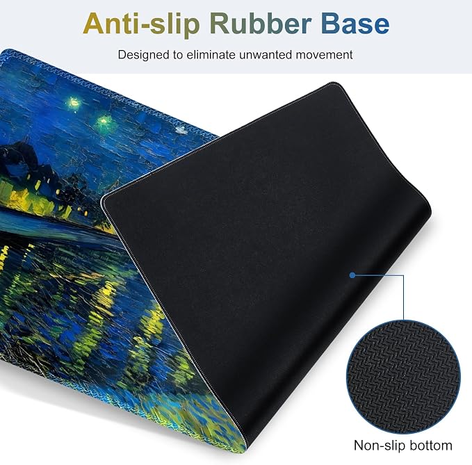 Large Gaming Mouse Pad Set, 4 in 1 Ergonomics Keyboard Desk Mat Memory Foam Wrist Rest, Computer Extended Game Mousepad, Non-Slip Desk Matt Easy Typing Pain Relief I Starry Night Over The Rhone